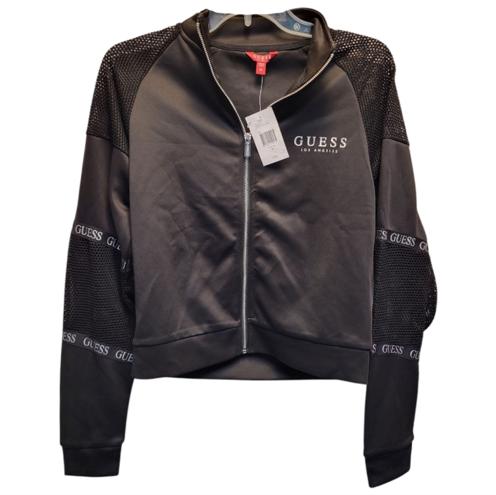 NWT Womens Guess Jet Black 'Echo' Mock Neck Bomber Jacket Satin Finish - Size M